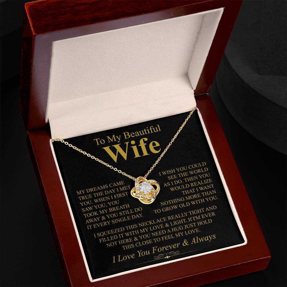 To My Beautiful Wife Necklace, Love Knot Pendant with Message Card, Grow Old With You