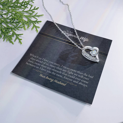 Ketting voor mijn vrouw van haar echtgenoot – hartvormige hanger met eeuwige liefde en wenskaart | jubileumcadeau voor vrouw, sieraad voor Valentijnsdag, verjaardagscadeau voor haar