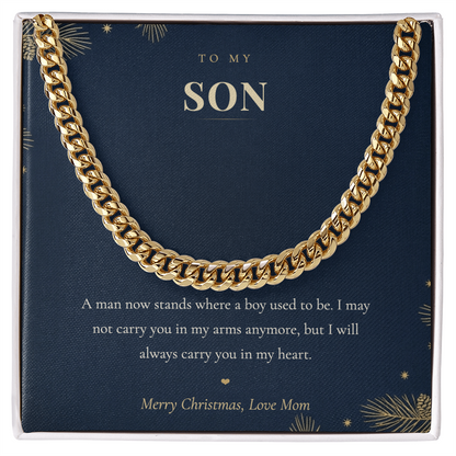 To My Son Necklace from Mom, Cuban Link Chain with Christmas Message Card, Christmas Gift for Son, Mens Chain Necklace
