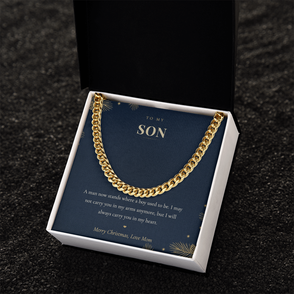 To My Son Necklace from Mom, Cuban Link Chain with Christmas Message Card, Christmas Gift for Son, Mens Chain Necklace