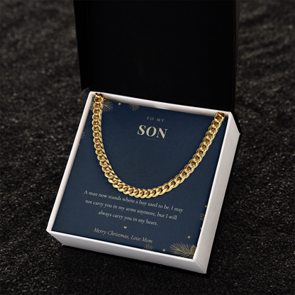 To My Son Necklace from Mom, Cuban Link Chain with Christmas Message Card, Christmas Gift for Son, Mens Chain Necklace