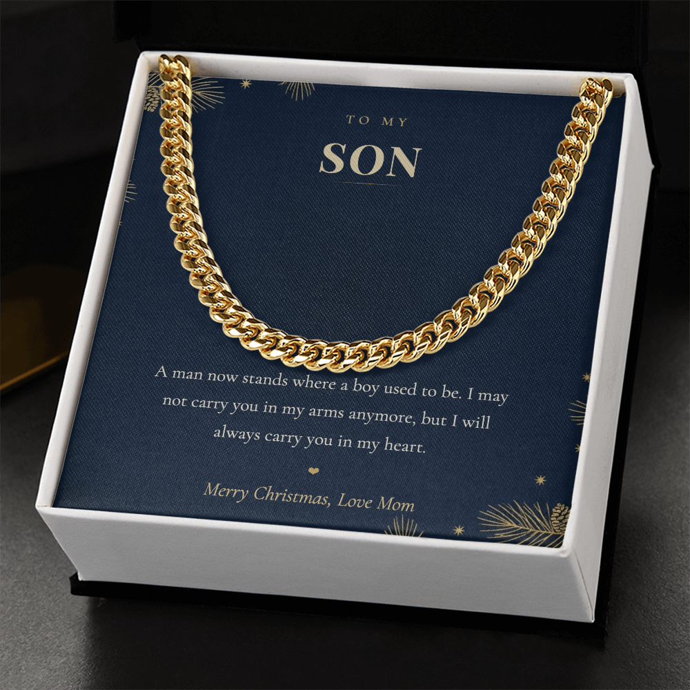 To My Son Necklace from Mom, Cuban Link Chain with Christmas Message Card, Christmas Gift for Son, Mens Chain Necklace