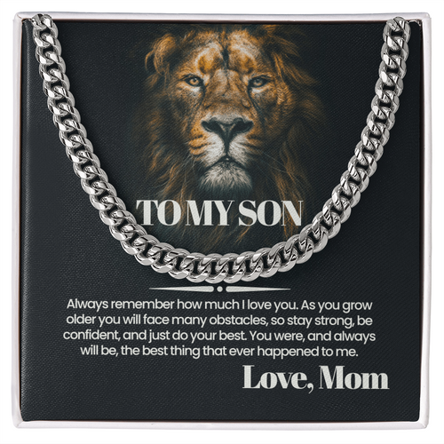 Ketting voor mijn zoon van mama, Cubaanse schakelketting met wenskaart, verjaardags-, afstudeer- of kerstcadeau voor zoon van moeder, herenketting