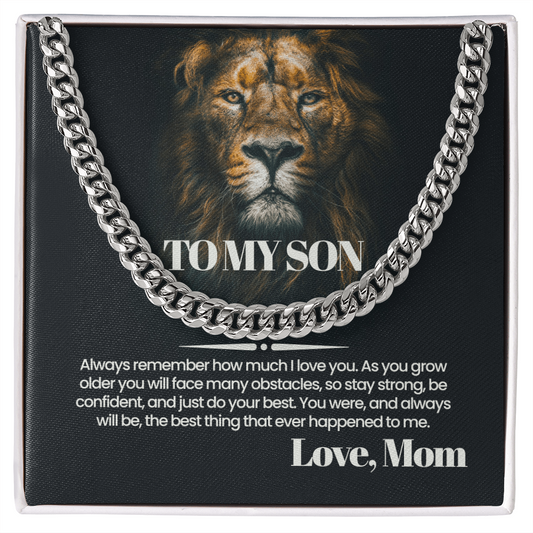 To My Son Necklace from Mom, Cuban Link Chain with Message Card, Birthday Graduation Christmas Gift for Son from Mother, Mens Necklace