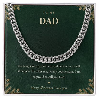 To My Dad Necklace, Cuban Link Chain with Christmas Message Card, Christmas Gift for Dad from Daughter or Son, Mens Necklace