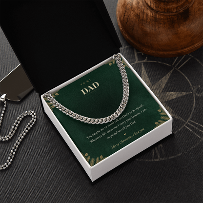 To My Dad Necklace, Cuban Link Chain with Christmas Message Card, Christmas Gift for Dad from Daughter or Son, Mens Necklace