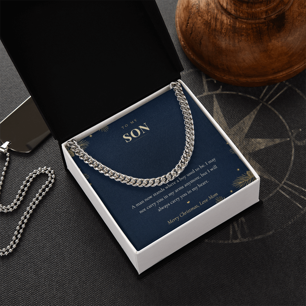 To My Son Necklace from Mom, Cuban Link Chain with Christmas Message Card, Christmas Gift for Son, Mens Chain Necklace
