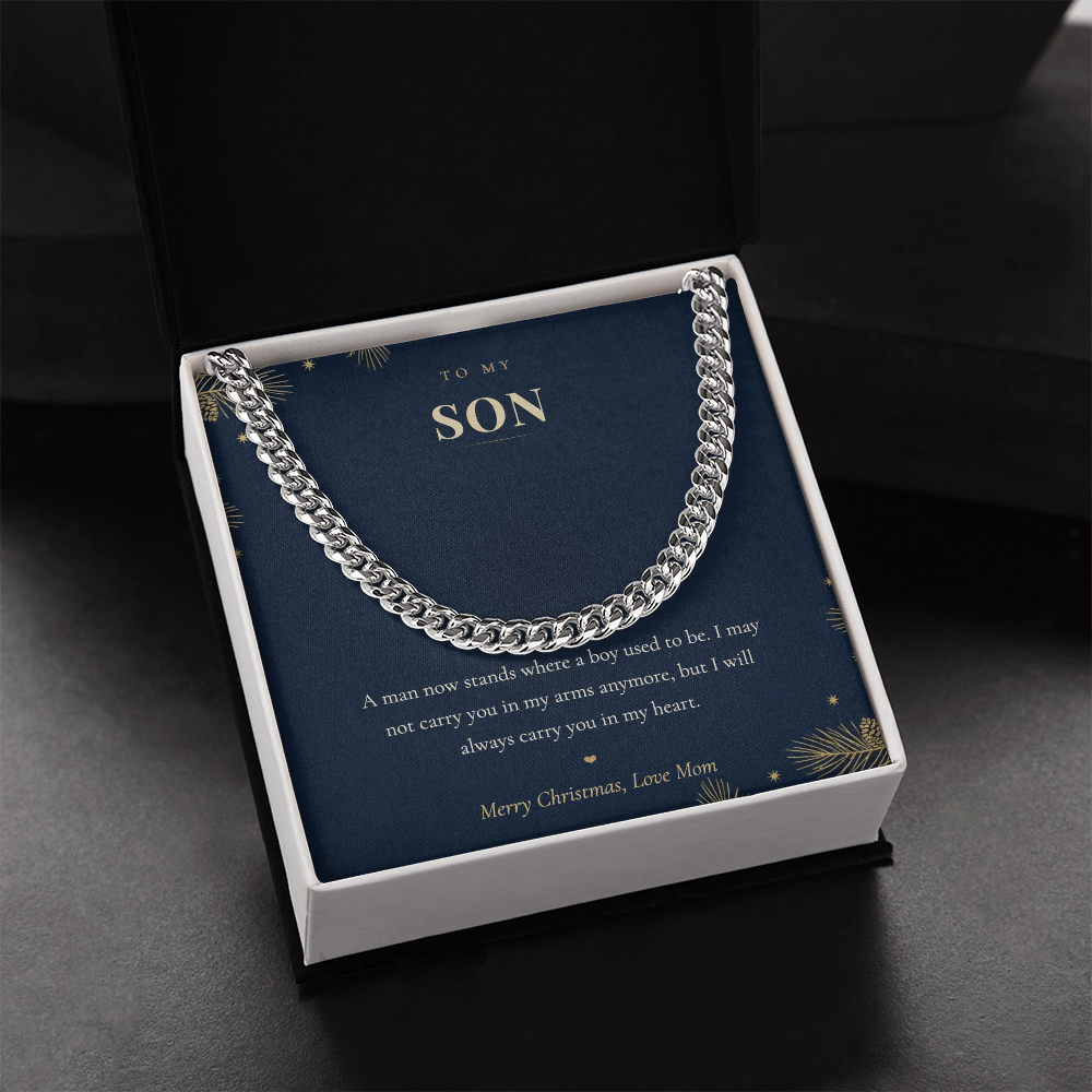 To My Son Necklace from Mom, Cuban Link Chain with Christmas Message Card, Christmas Gift for Son, Mens Chain Necklace