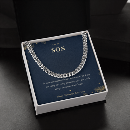 To My Son Necklace from Mom, Cuban Link Chain with Christmas Message Card, Christmas Gift for Son, Mens Chain Necklace