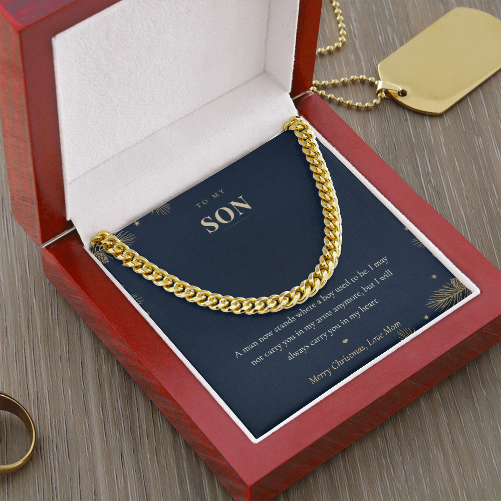 To My Son Necklace from Mom, Cuban Link Chain with Christmas Message Card, Christmas Gift for Son, Mens Chain Necklace