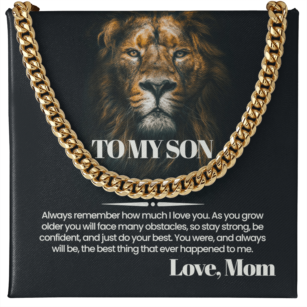To My Son Necklace from Mom, Cuban Link Chain with Message Card, Birthday Graduation Christmas Gift for Son from Mother, Mens Necklace