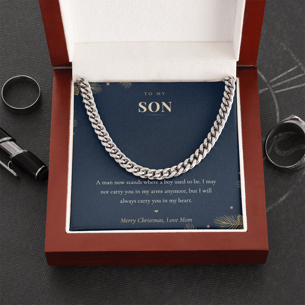 To My Son Necklace from Mom, Cuban Link Chain with Christmas Message Card, Christmas Gift for Son, Mens Chain Necklace
