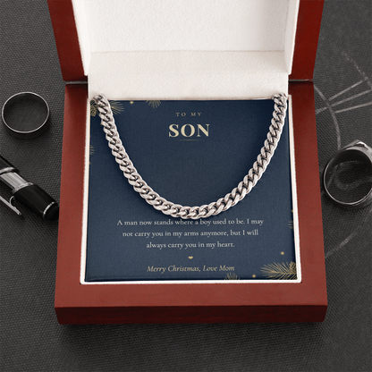 To My Son Necklace from Mom, Cuban Link Chain with Christmas Message Card, Christmas Gift for Son, Mens Chain Necklace
