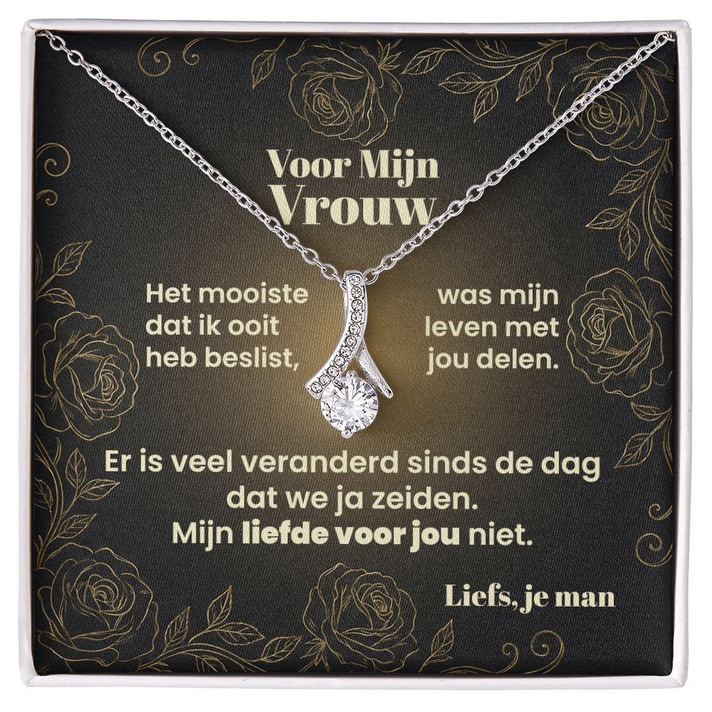 Boodschapkaart voor mijn vrouw met gouden rozen en de tekst "Er is veel veranderd sinds de dag dat we ja zeiden, mijn liefde voor jou niet