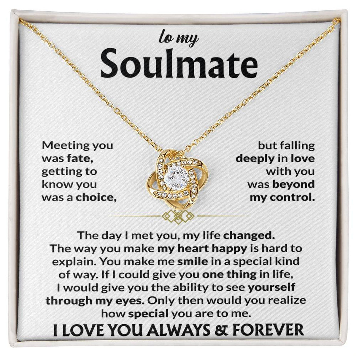 To My Soulmate Necklace, Love Knot Pendant with Message Card, Meeting You