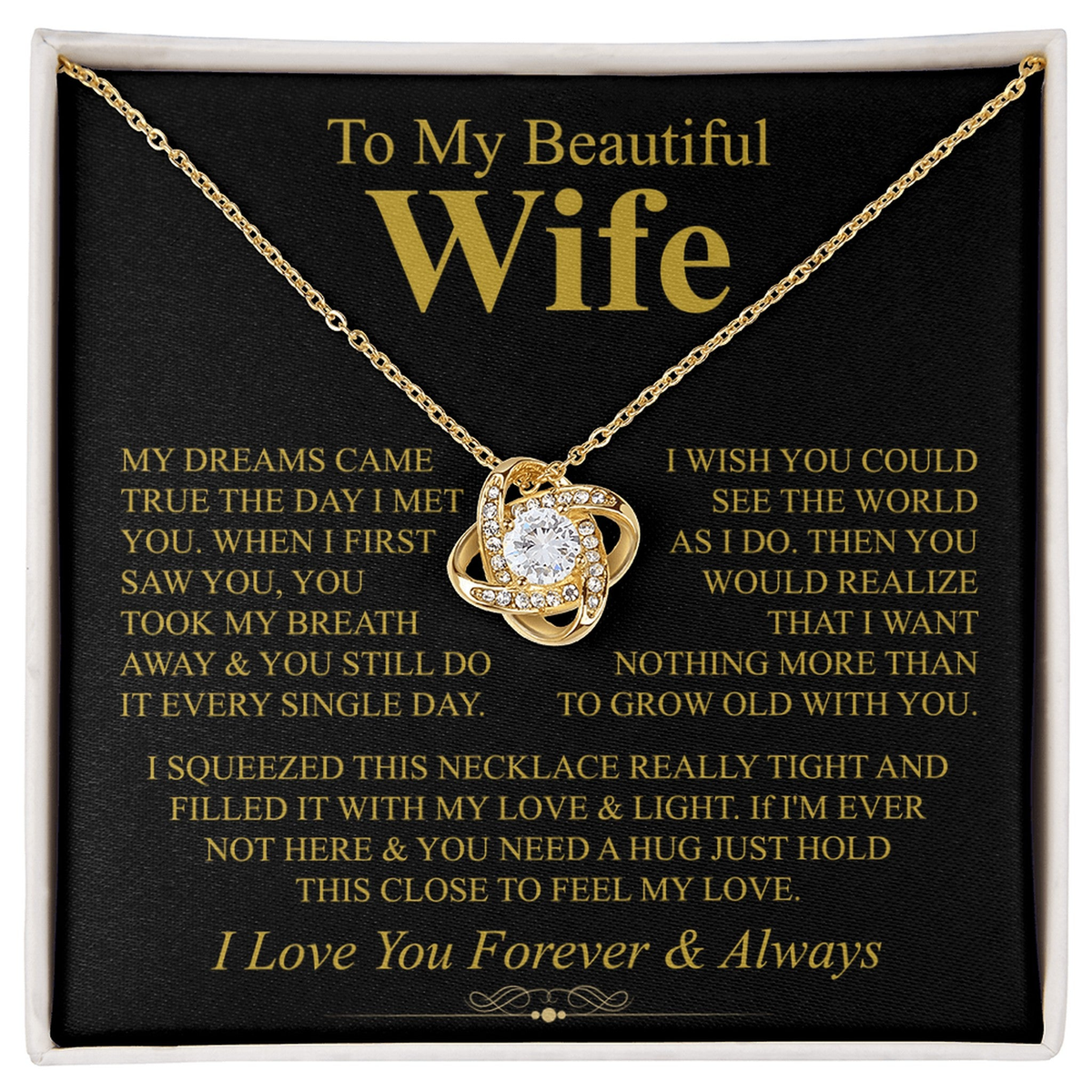 To My Beautiful Wife Necklace, Love Knot Pendant with Message Card, Grow Old With You