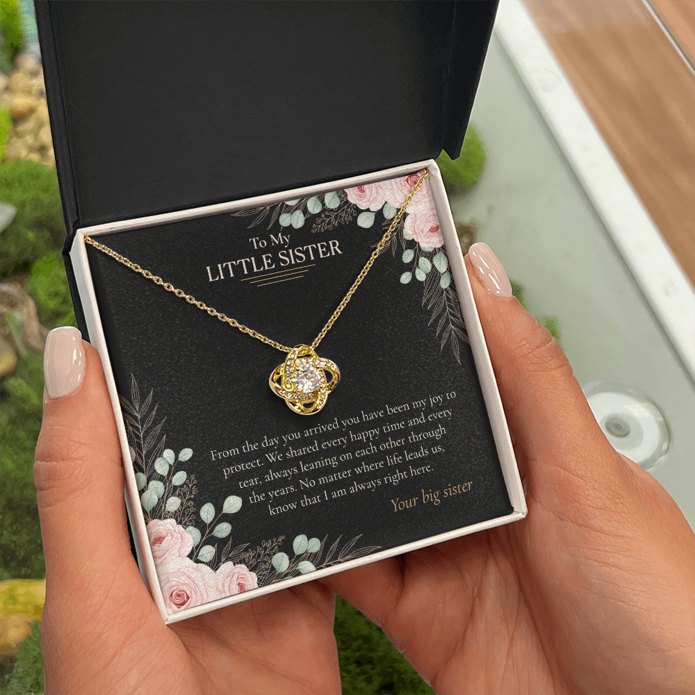 To My Little Sister Necklace, Love Knot Pendant with Message Card, Birthday Sisters Day Christmas Gift for Younger Sister from Big Sister