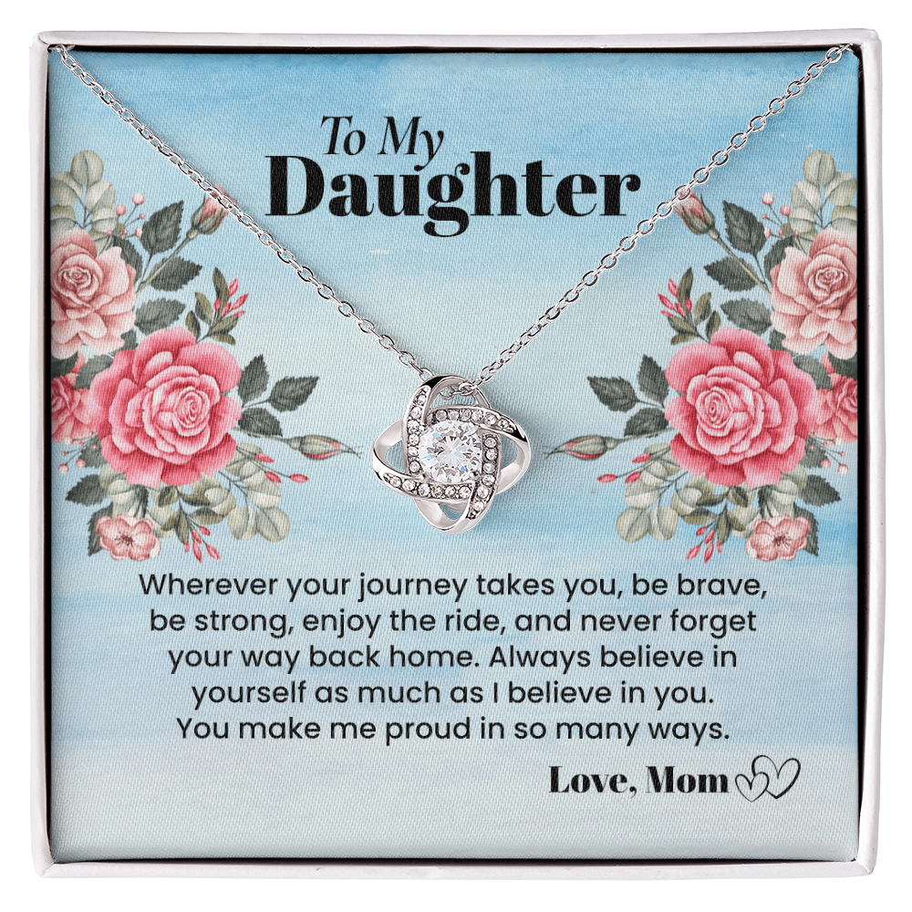 To My Daughter Necklace from Mom, Love Knot Pendant with Message Card, Sentimental Graduation Birthday Christmas Gift for Daughter