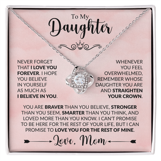 To My Daughter Necklace from Mom, Love Knot Pendant with Message Card