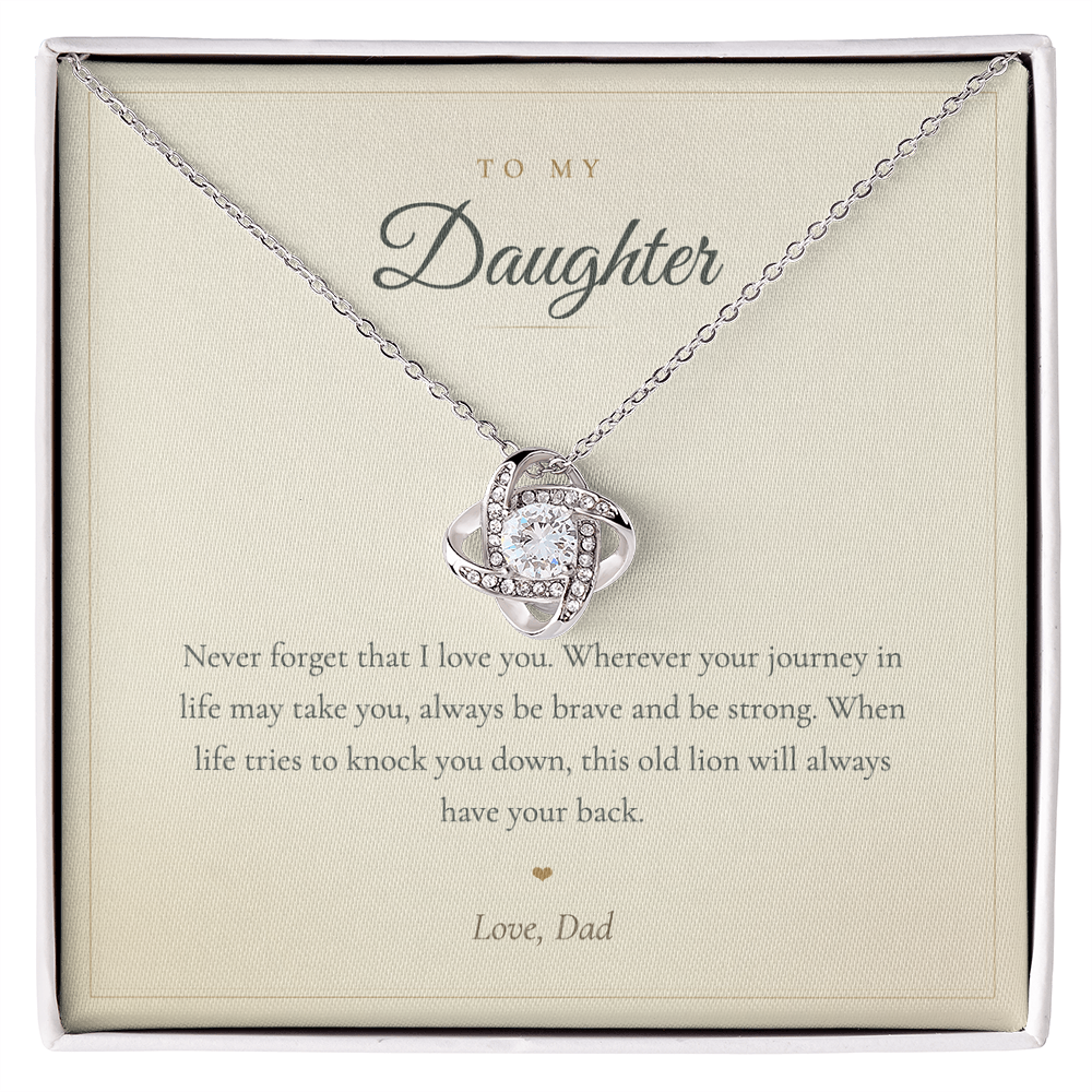 To My Daughter necklace from Dad, love knot pendant on a cream keepsake message card