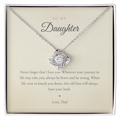To My Daughter necklace from Dad, love knot pendant on a cream keepsake message card