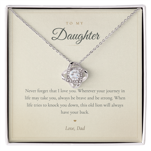 To My Daughter necklace from Dad, love knot pendant on a cream keepsake message card