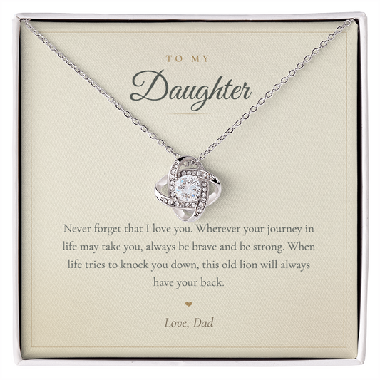 To My Daughter necklace from Dad, love knot pendant on a cream keepsake message card