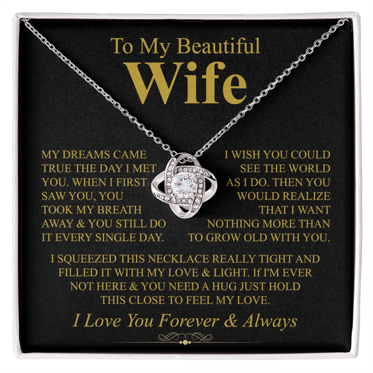 To My Beautiful Wife Necklace, Love Knot Pendant with Message Card, Grow Old With You