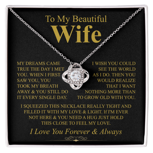 To My Beautiful Wife Necklace, Love Knot Pendant with Message Card, Grow Old With You