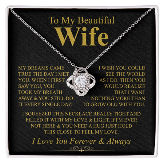 To My Beautiful Wife Necklace, Love Knot Pendant with Message Card, Grow Old With You