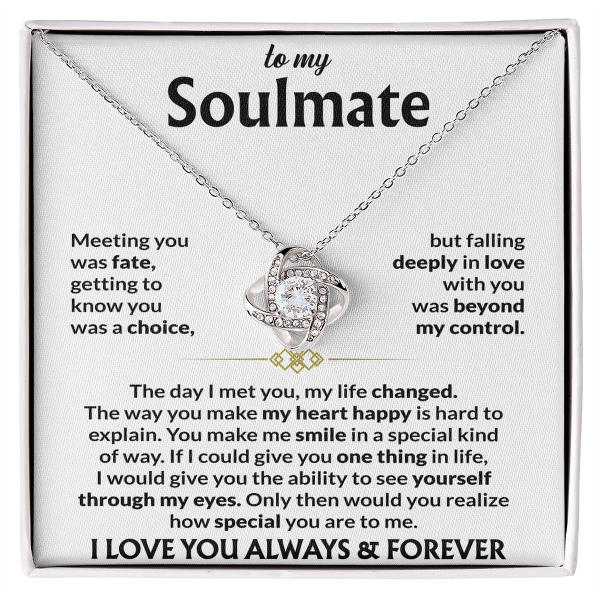 To My Soulmate Necklace, Love Knot Pendant with Message Card, Meeting You