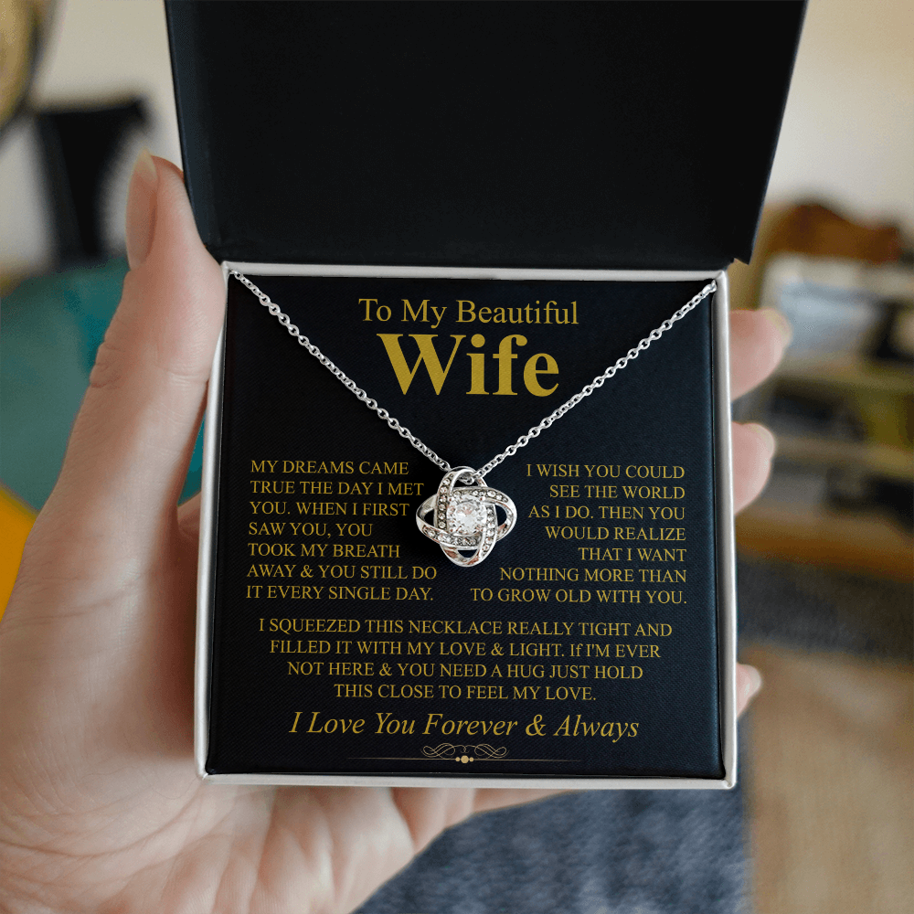 To My Beautiful Wife Necklace, Love Knot Pendant with Message Card, Grow Old With You