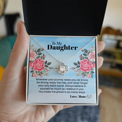 Til datteren min smykke fra mamma, kjærlighetsknuteanheng med meldingskort, sentimental gave til datter til konfirmasjon, bursdag, jul