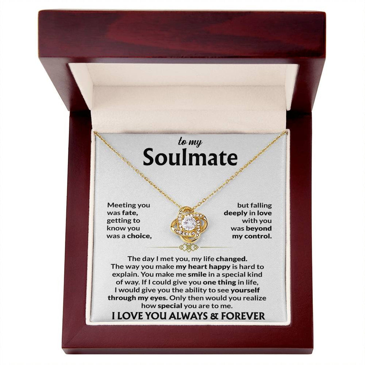 To My Soulmate Necklace, Love Knot Pendant with Message Card, Meeting You