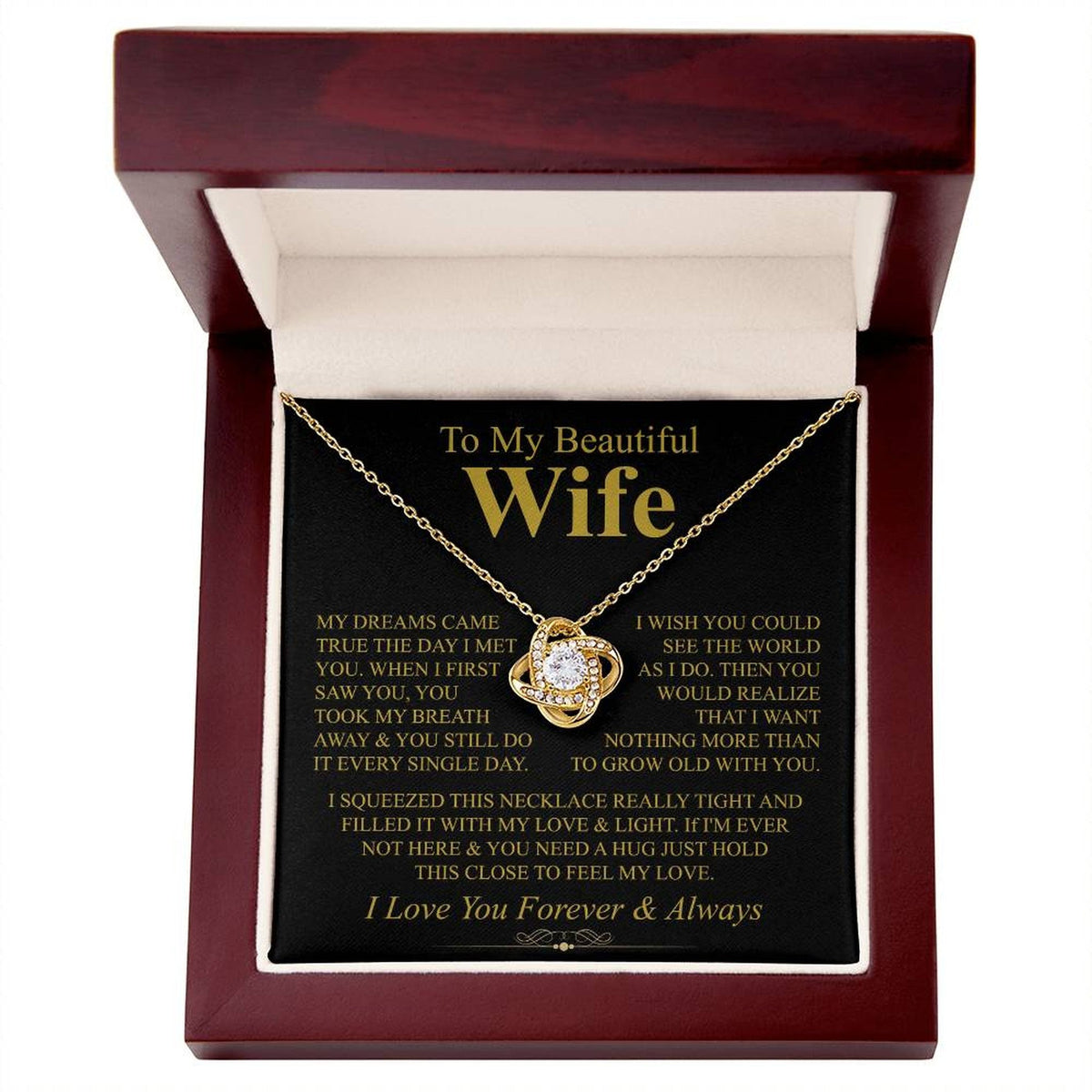 To My Beautiful Wife Necklace, Love Knot Pendant with Message Card, Grow Old With You