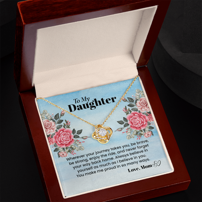 Til datteren min smykke fra mamma, kjærlighetsknuteanheng med meldingskort, sentimental gave til datter til konfirmasjon, bursdag, jul