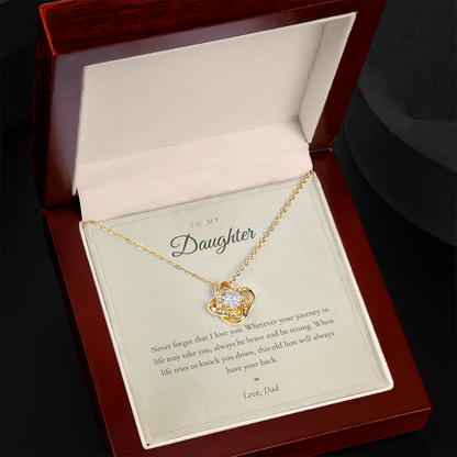 Silver love knot daughter necklace in an open mahogany LED gift box