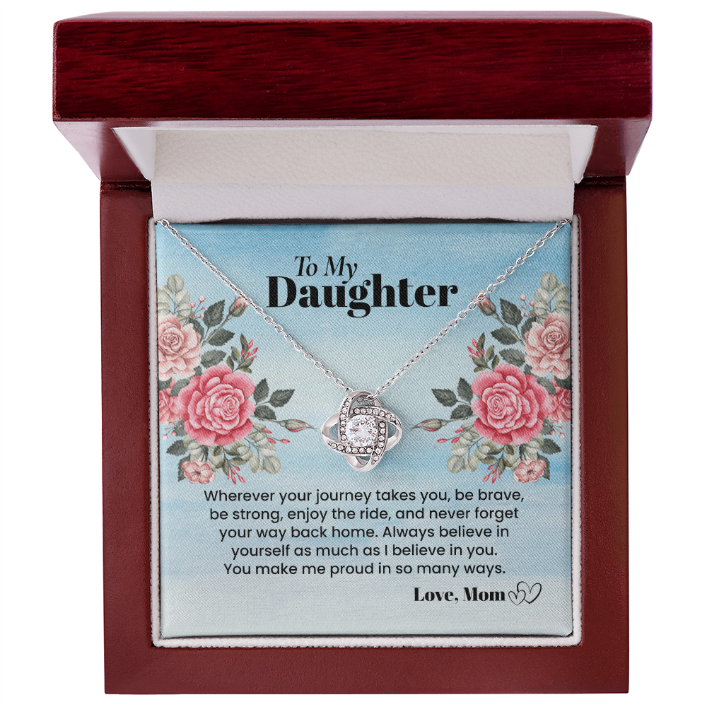 To My Daughter Necklace from Mom, Love Knot Pendant with Message Card, Sentimental Graduation Birthday Christmas Gift for Daughter