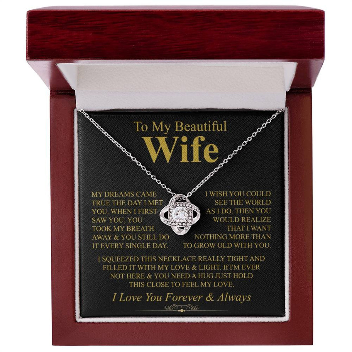 To My Beautiful Wife Necklace, Love Knot Pendant with Message Card, Grow Old With You