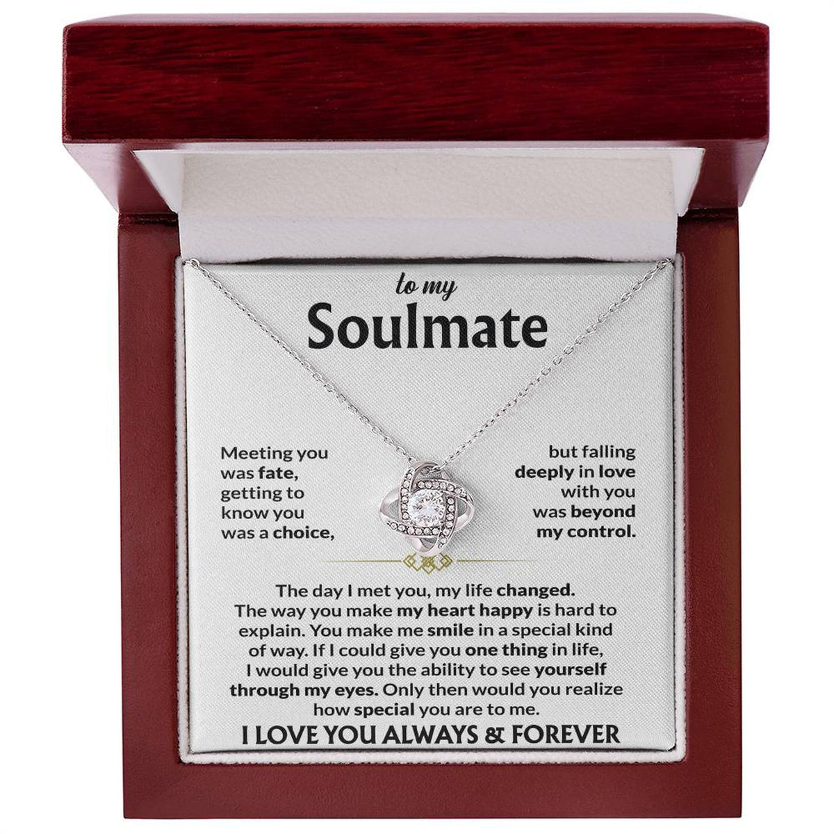 To My Soulmate Necklace, Love Knot Pendant with Message Card, Meeting You