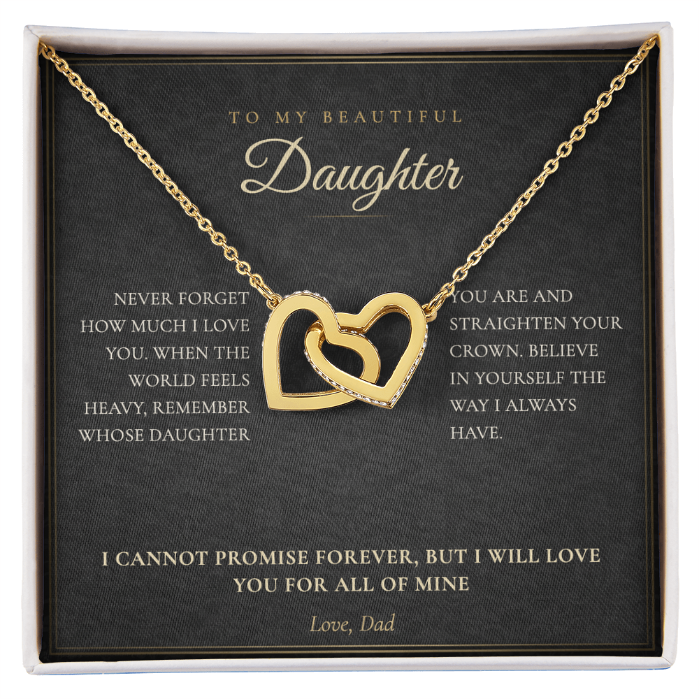 Daughter from Dad necklace worn close up, silver and rose gold interlocking hearts