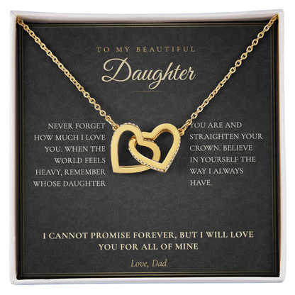Daughter from Dad necklace worn close up, silver and rose gold interlocking hearts