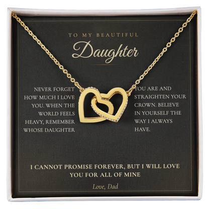 Gold interlocking hearts necklace on the black To My Daughter from Dad message card