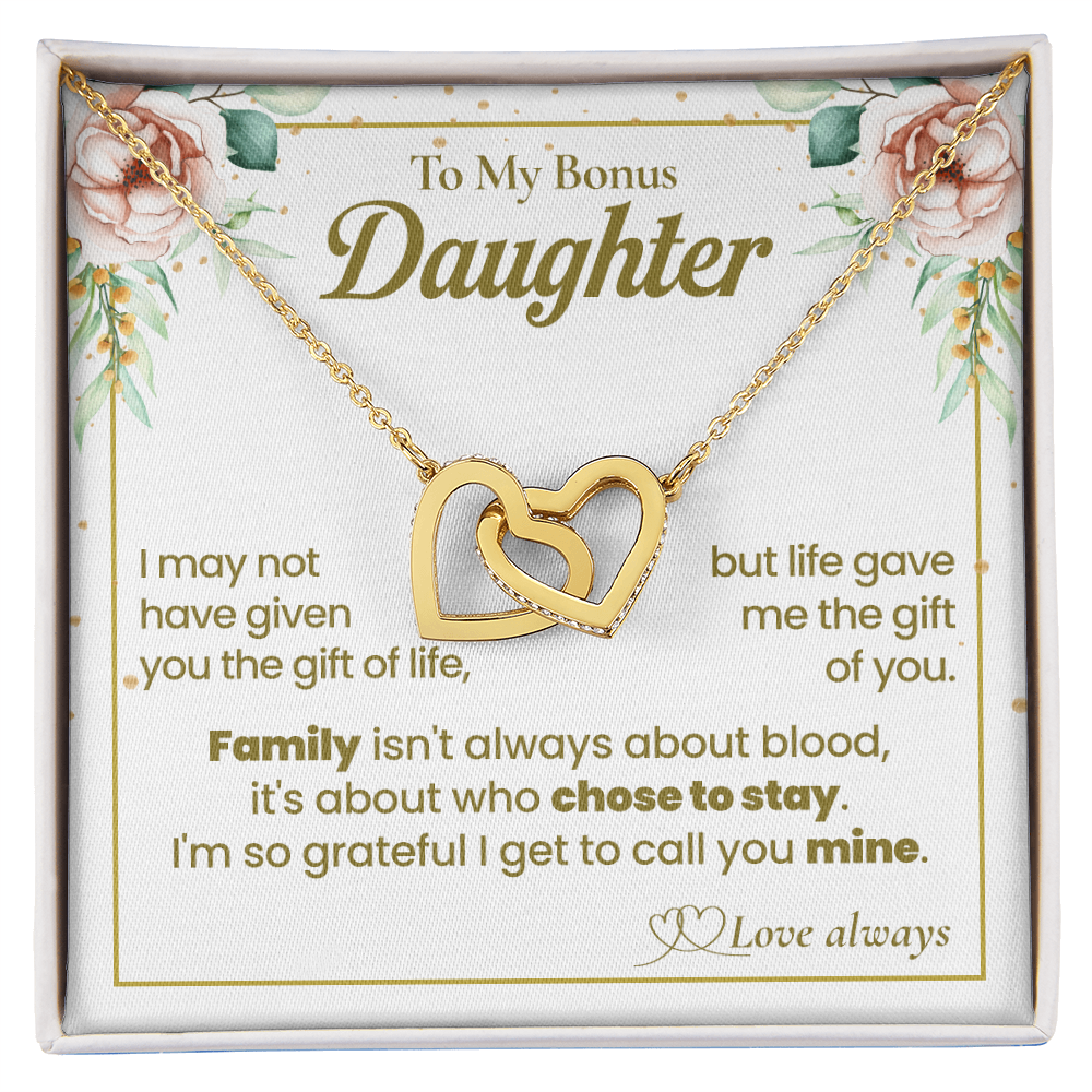 To My Bonus Daughter Necklace, Interlocking Hearts with Message Card