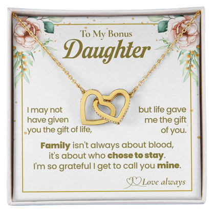 To My Bonus Daughter Necklace, Interlocking Hearts with Message Card