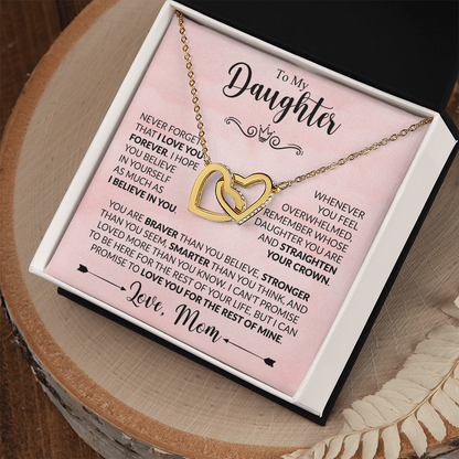 To My Daughter Necklace from Mom, Interlocking Hearts with Message Card