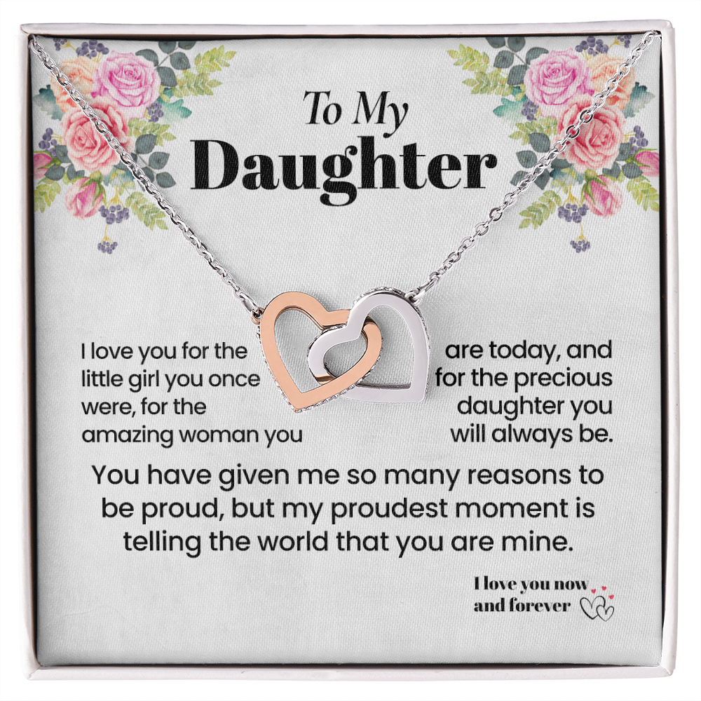 To My Daughter Necklace from Mom, Interlocking Hearts with Message Card, Sentimental Birthday Christmas Proud of You Gift for Daughter