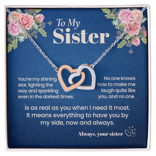 To My Sister Necklace, Interlocking Hearts with Message Card, Sentimental Birthday Christmas Gift for Sister from Sister