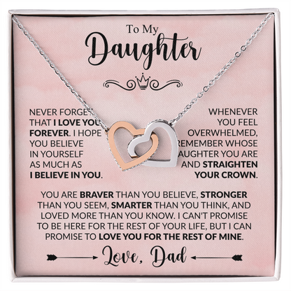 To My Daughter Necklace from Dad, Interlocking Hearts with Message Card