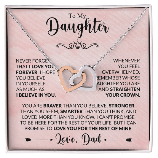 To My Daughter Necklace from Dad, Interlocking Hearts with Message Card